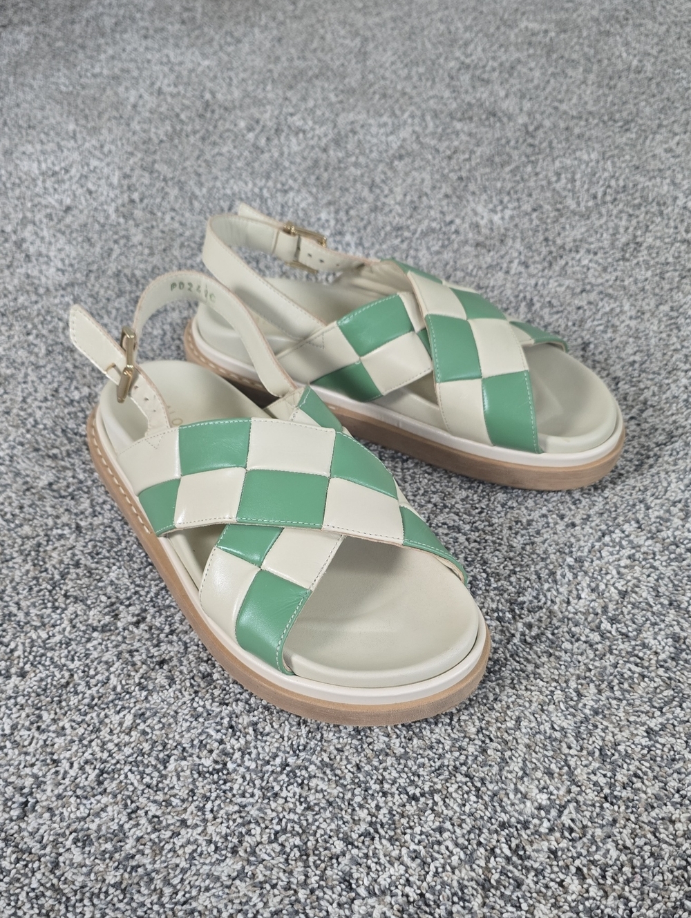 ALOHAS Marshmallow Scacchi Checkered Leather Sandals Ivory Evergreen 39 US 8/8.5